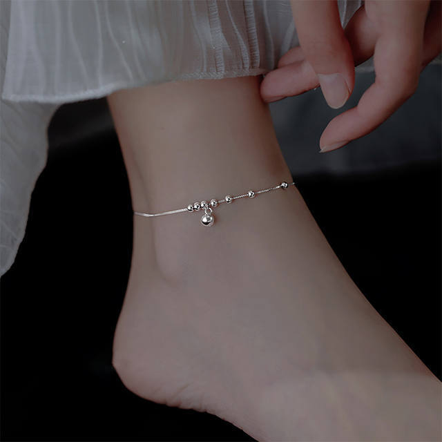 Dainty Chain Anklet Sterling Silver Beaded Ankle Bracelet with Bell Charm